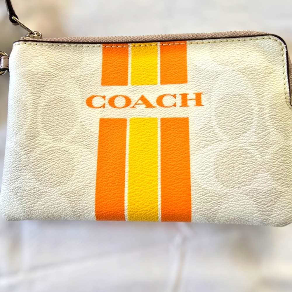 Coach White Wristlet with Orange and Yellow Stripe Logo